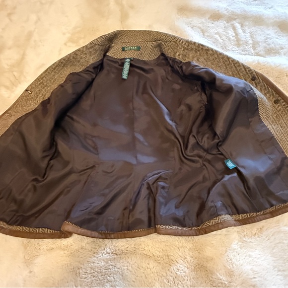 Lauren Ralph Lauren Brown Herringbone Wool-Blend Suede Detail Blazer Jacket - Picture 13 of 13